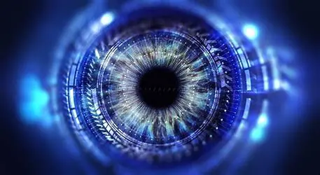 Futuristic digital eye with blue light.