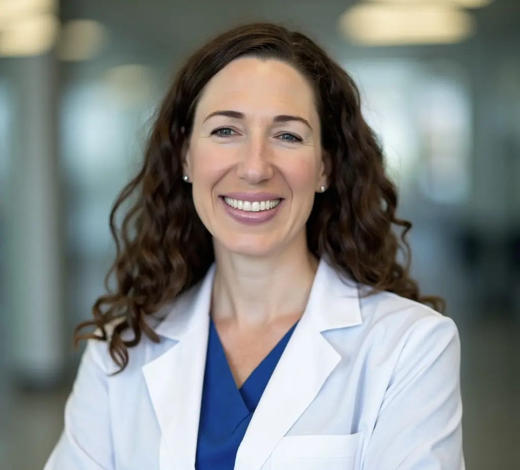 Smiling woman in a white coat indoors.